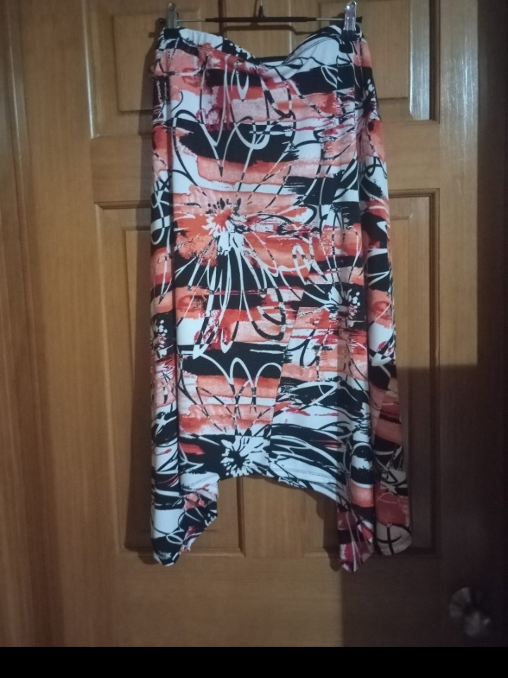 Floral Abstract Handkerchief Hem Skirt in Coral, Black & White